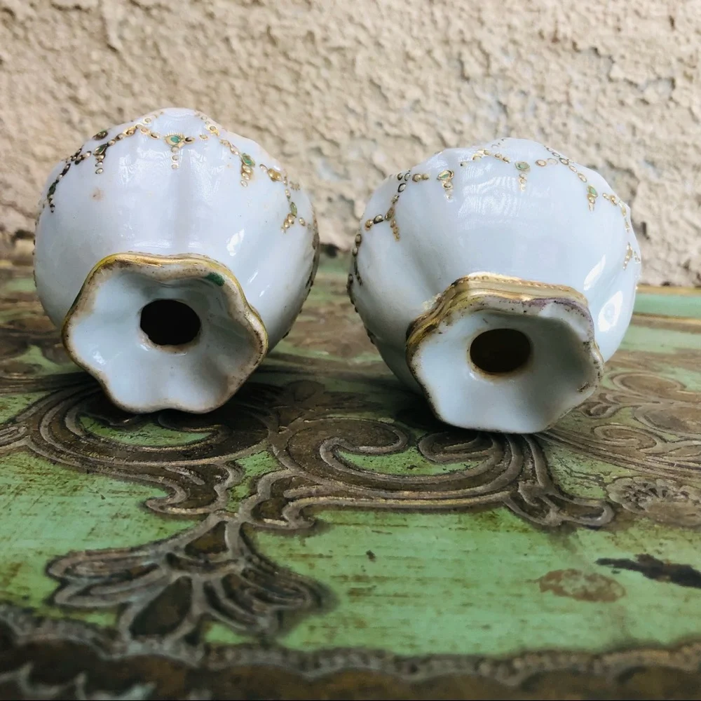 Antique Porcelain Salt Pepper Shakers Fancy Gold Trim